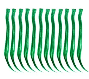Green: Swacc 12 Pcs Straight One Color Party Highlights Clip On In Hair Extensions Colored Hair Streak Synthetic Hairpieces (Green)