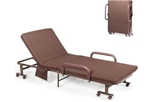 COSTWAY Folding Sofa Bed with Mattress, Wheels and Side Pocket, 6-Position Adjustable Couch Sleeper Chaise Lounger, Portable Convertible Single Guest Bed for Home Office Camping (Coffee)