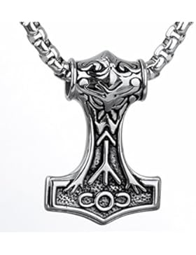 COPAUL Schmuck Edelstahl Vintage Herren Thor Hammer Anhänger mit 60cm Kette Halskette,Gold/Silber