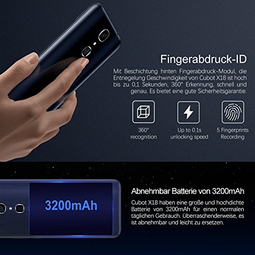 Cubot X18 4G Smartphone Ohne Vertrag (5.7 Zoll (19cm) IPS Touch Display Handy, RÃ¼ckseitenkamera 16MP (mit 1000mha LED Blitz), 13MP Frontkamera (weiches Licht selfie), 3GB RAM, 32GB Speicher, UnterstÃ¼tzung 128GB TF-Karte Expansion, 3200 mAh Batterie, Dual SIM Karten Dual Standby) Blau