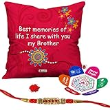 Indigifts Crystal Rakhi with Micro Satin Printed Cushion Cover with Filler and Roli and Chawal for Brother (12x12-inch)