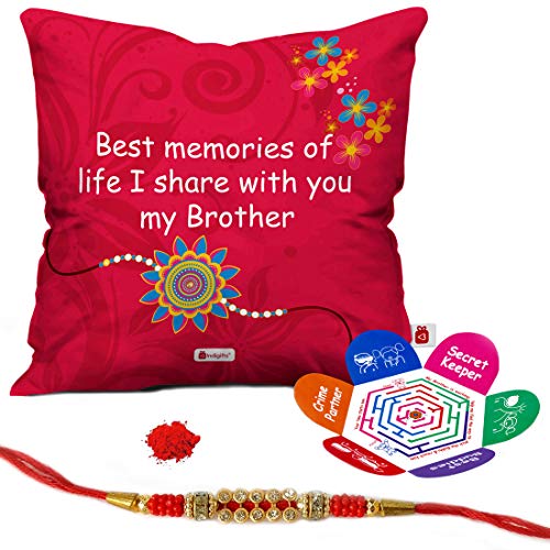 Indigifts Crystal Rakhi with Micro Satin Printed Cushion Cover with Filler and Roli and Chawal for Brother (12x12-inch)