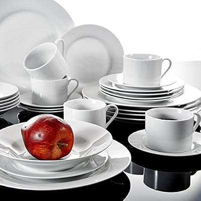 Malacasa, Série SOFIA, Services de Table en Porcelaine, Vaisselles Couverts de Table Services à café, 30 Pièces avec 6 Tasses, 6 Sous-tasses, 6 Assiette à Dessert, 6 Assiette à Soupe, 6 Assiettes Plates pour 6 personnes Couleur Blanc