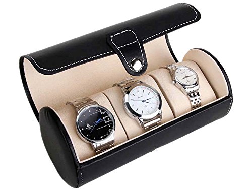 Asvert 3 Slots der zylindrische Uhrenbox, schmuckaufbewahrung Schmucksachespeicherkasten Uhrenbox schwarze Farbe