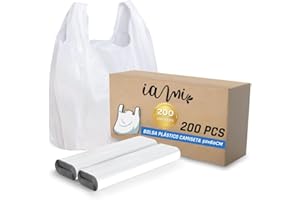 IAMI Bolsas de Plastico con Asas - Tamaño 50x60 - Aptas para Uso Alimentario - Paquete con 200 Bolsas de Asas Tipo Camiseta - Super Resistentes - Doble Refuerzo