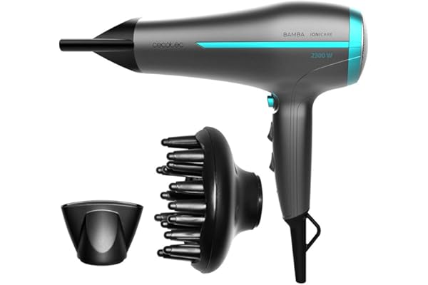 Cecotec Secador de Pelo Iónico Bamba IoniCare 5200 Aura Black. 2300W, Concentrador y Difusor, Cabello Sin Encrespamiento, Motor DC, Ion Real, Gran Caudal de Aire, 2 Velocidades y 3 Temperaturas