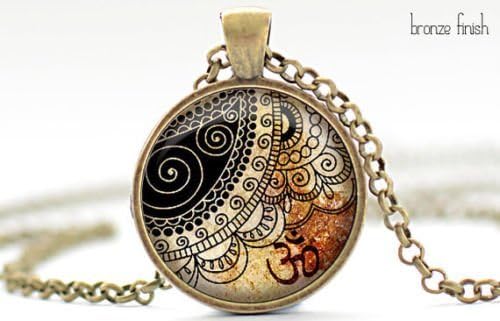Yoga Jewelry for Women, Om Necklace, Henna Pattern Necklace, Yoga Jewelry, Glass Art Jewelry Picture Pendant Photo Pendant Handcrafted Necklace