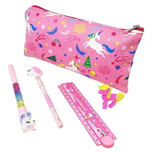 Parteet New Unicorn Combo Pack of Stationery Set - Unicorn Pencil Pouch/Stationery Pouch/Pencil Case with Unicorn Water Pen, Unicorn Pencil ,Unicorn Eraser and Folding Scale for Kids (Pack Of 5 Items)(Multi Color)