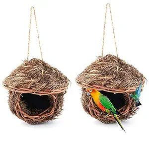 Tfwadmx Hummingbird House, Pack of 2 Grass Bird Hut Hanging for Outdoor, Handwoven Bird Nest Roosting Pocket for Hummingbird Wren Wicker Finch Chickadee Sparrow