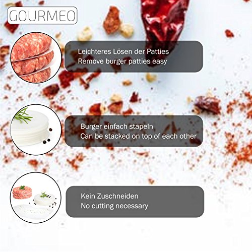 GOURMEO 500 Antihaftpapier Zuschnitte für Hamburger-Presse, rund, Durchmesser 11 cm | 2 Jahre Zufriedenheitsgarantie | Antihaft-Papier, Wachsscheiben, Wachspapier, Backpapier für Burgerpresse, Trennpapier für Hamburgerscheiben bzw. Frikadellen - 2