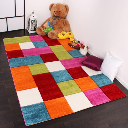 Kinder Teppich Karo Design Multicolour Grün Rot Grau Schwarz Creme Pink, Grösse:120×170 cm - 4