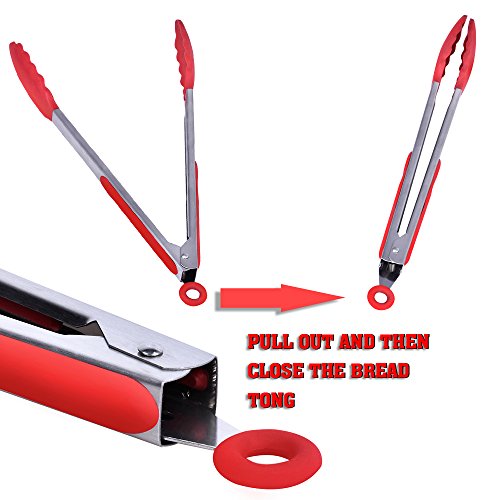 TTLIFE 2PCS Silikon Grillzange Küchenhelfer Mehrzweck Edelstahl Küchenzange Bratenzange BBQ Brot Tongs perfekt für Küchen Restaurant Camping9’+12’(Rot) - 7