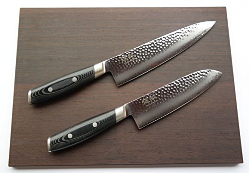 Yaxell Tsuchimon 61-62HRC - Set di 3 coltelli, Coltello da Cucina e Coltello Santoku, Lama in Acciaio VG10 e Tagliere in Legno di wengé