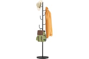 MISSLO Heavy Duty Coat Rack Stand, Freestanding 4 Adjustable Size Clothes Stand with Stable Wood Base Hat Stand with 6 Hooks Standing Coat Jacket Hanger Hall Tree for Bedroom, Hallway, Black