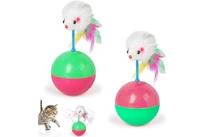 WideSmart 2Pcs Giocattoli Interattivi Gatto e Topo,Tumbler Giocattolo Gatto Giocattolo Interattivo Palla Colorata con Piuma Mouse Giocattolo Interattivo Gatto Forniture per Allenamento Interattivo
