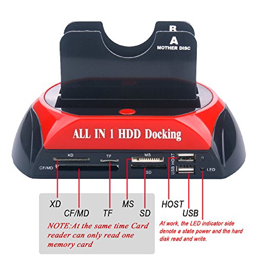 WANLONGXIN WLX-876C-DE USB 2.0 zu SATA Dual-Bay Externe Festplatte Docking-Station mit und Kartenleser USB 2.0 Hub Unterstützung Offline-Klonfunktion, Für 2.5 3.5 Zoll HDD SSD SATA I / II / III Bis zu 2 x 8TB - 4