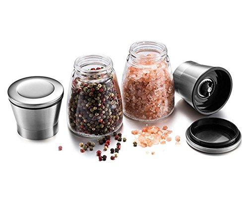 Salz- und Pfeffermühle Salz- und Pfeffermesser Set Gebürsteter Edelstahl und Glaskörper mit manuell verstellbarem Keramikschleifer zur verstellbaren Grobheit mit passendem Edelstahl Ständer Küchenzubehör Kochen Werkzeuge Gewürzmühle Grinder-Set von 2 - 2
