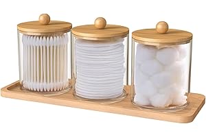 Gatphy Cotton Wool Pad Holder Acrylic Cotton Buds Holder Dispenser Bathroom Jars with Bamboo Lids Tray Clear Makeup Organizer for Cotton Swabs, Cotton Balls, Cosmetic Pads (3 PCS Round)