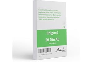 ANHELUS PAPER & DECO 50 Cartoncini bianchi DIN A6 da 520 g/m², 0,6mm spessore - Cartoncino rigido extra spesso 10,5 x 14,8 cm - Confezione da 50 fogli - Cartoncino satinato per ritagliare, dipingere e disegnare