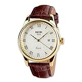 ANALOG QUARZ Business Casual echtes Leder Band Armbanduhr mit weißen Ziffernblatt und römischen Buchstabe Design, vergoldet Slim Case, wasserdicht bis 30 m – Gold