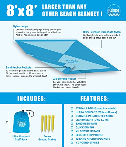 Kahuna Strandtuch aus Fallschirmseide – XXL 245 x 245 cm – die größte Stranddecke, Picknickdecke, Campingdecke erhältlich – tragbar, ultraleicht, schnell trocknend, mit 12 Sandtaschen - 6