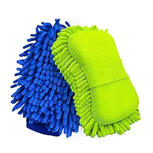 Botocar 2 Pack Car Wash Mitt and Car Wash Sponge, Microfiber Car Wash Mitt for Car Detailing, Extra Large Super Absorbent Soft Chenille Car Wash Sponge, Scratch-Free(Green)