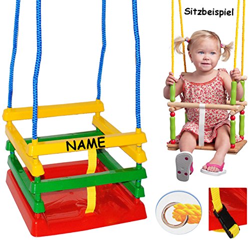 Schaukel aus Kunststoff mit Gurt – Gitterschaukel / Kinderschaukel – Sicherheitsgurt & leichter Einstieg ! __ mitwachsend & verstellbar ___ Babyschaukel – Kleinkindschaukel verstellbar – Plastik / Kunststoffschaukel – Plastikschaukel Baby Kinder – Plastikgitterschaukel für Innen und Außen – mit Sicherheitsstäben / bunte Stäbe Plastikbabyschaukel / Drinnen - 3