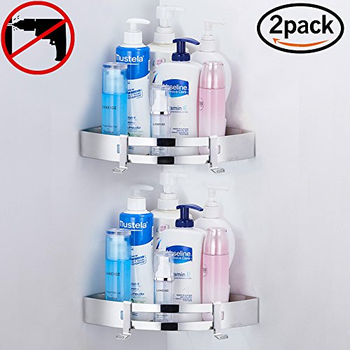 HoomtaookShower Shelf No Drilling Shower Basket Bathroom Shower Corner Triangular Corner Shelf Shower Shelf Shower Shelf No Damage to Wall Bracket for Bathroom Pack of 2 Silver