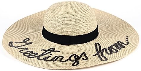 Hotaru Summer Women Beach Floppy Hat Beige Adjustable Wide Brim Letter Straw Sun Hat
