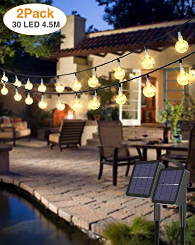 2 Pack Guirlande Solaire Exterieur, Kolpop 3M 30 Led Guirlandes Lumineuses Boules Cristal 8 Modes Etanche lampe solaire exterieu Décorative pour Jardin, Clôture, Mariage, Terrasse, Noël, Blanc Chaud