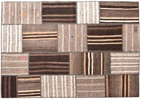 Medine:Kilim Vintage Patchwork Carpet in Beige Dark and Light Brown Colours, Christmas Sale (120cm x 170cm / 3' 11.2'' x 5' 6.9'')