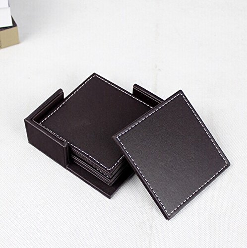 Japace® 6er Set Edel Quadrat Bieruntersetzer Tassenuntersetzer Untersetzer mit Halter aus Kunstleder für Gläser und Flaschen 10 x 10 cm – Braun - 2