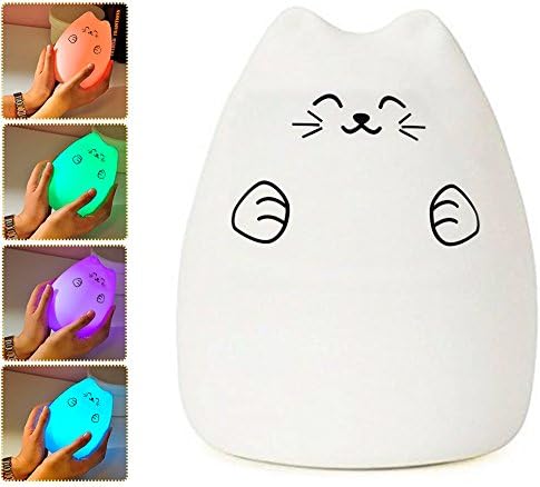 Baby Night Light, 3-Modes Portable Silicone Kid Night Lamp, Cat USB Charging Nursery Lamp with Warm White, Single Color and 7-Color Breathing Modes, Sensitive Tap Control for Children Bedroom