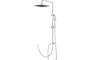 Auralum Colonna Doccia Senza Miscelatore, Colonna Doccia con Soffione e Doccetta Quadrato, Altezza Regolabile 74-109cm, Cromo