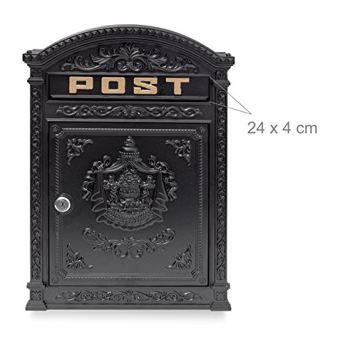 Relaxdays Briefkasten Antik Englischer Wandbriefkasten aus Aluguss mit breitem Briefschlitz für DIN A4 Umschläge HBT: 44,5 x 31 x 9,5 cm nostalgischer Postkasten mit rundem Dach, schwarz - 5