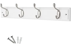 keypak 4-Hook Wall-Mounted Coat Rack, 45cm - White Wooden Board, Satin Nickel Coat Hooks - Fixings Included