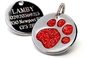 COUNTY ENGRAVING Engraved 25mm Glitter Paw Print Dog Pet ID Tag Disc to Leave Engraving Details Please Read Product Description Lower Down This Page. (Red)