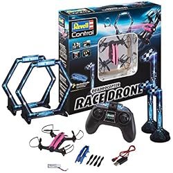 Revell Control 23895 RC Quadcopter Race Drone, 2.4GHz, Akku, Flip, LED, Geschwindigkeitsstufen, mit Hindernissen für Rennstrecke, ferngesteuerter Quadrokopter, Wechselhaube (blau/pink), 14,5 cm