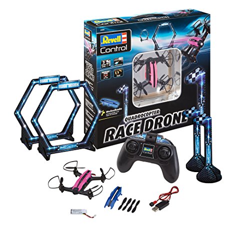 Revell Control 23895 RC Quadcopter Race Drone, 2.4GHz, Akku, Flip, LED, Geschwindigkeitsstufen, mit Hindernissen für Rennstrecke, ferngesteuerter Quadrokopter, Wechselhaube (blau/pink), 14,5 cm