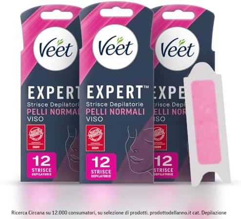 Veet Expert strisce depilatorie Pelli Normali, Per Viso, Dermatologicamente testate, Confezione da 36 con 6 salviette Post Epilazione