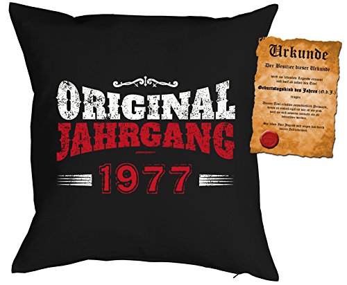 Kissen zum 40. Geburtstag Geschenkidee Kissen mit Füllung Original Jahrgang 1977 Polster zum 40 Geburtstag für 40-jährige Dekokissen mit Urkunde