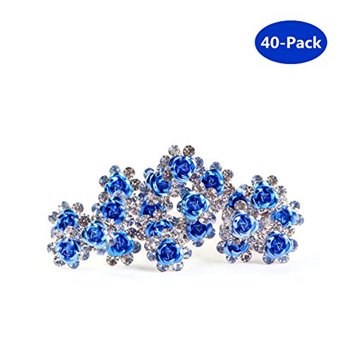 40 spille per capelli di Pomlink, in diamante trasparente, a forma di rosa, fermacapelli per sposa, matrimonio, colore: blu