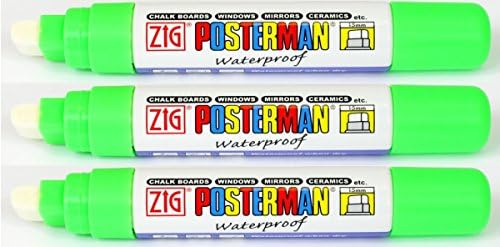 Zig Kuretake Posterman Fluorscent Green Extra Broad (15mm) Nib Tip Liquid Chalk Marker Pens Waterproof Blackboard Whiteboard Outdoor Glass Metal Plastic Wood Paper Thick Jumbo (Pack Of 3)