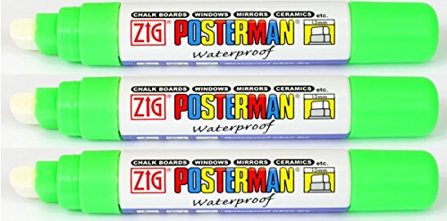 Zig Kuretake Posterman Fluorscent Green Extra Broad (15mm) Nib Tip Liquid Chalk Marker Pens Waterproof Blackboard Whiteboard Outdoor Glass Metal Plastic Wood Paper Thick Jumbo (Pack Of 3)