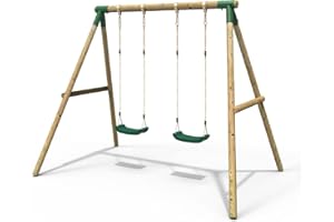Rebo® Children's Wooden Garden Swing Set - Venus | OutdoorToys | Pressure Treated Timber, Soft Feel Ropes, Two Green Swing Seats, Sturdy Construction for Kids