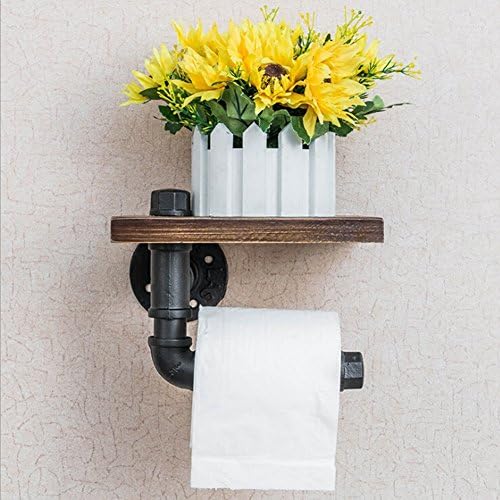 zhenghuitrade Toilet Paper Holder Industrial Steampunk Iron Pipe Wall Mounted with Wooden Storage Shelf Metal Pipe Hanging Rack for Toilet Bathroom Decor by Toilet Roll Holder