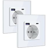BSEED Schuko USB C Socket 20W 1 Gang 2 Pack, Wall Socket with USB 16A with Glass Plate 86 x 86 mm, White
