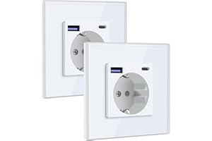 BSEED Enchufe Schuko con USB C 20W 1 Gang 2 Pack, Enchufe de Pared con USB 16A con Placa de Cristal 86 * 86mm, Blanco