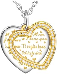 MARENJA-Regalos Navidad Collar Mujer de Moda-Colgante de Corazón Grabado Te Amo/Mamá Te Amo en Diferentes Idiomas con Cajita Joyero con Rosa Preservada Eterna-Joya Chapada en Oro con Cristal