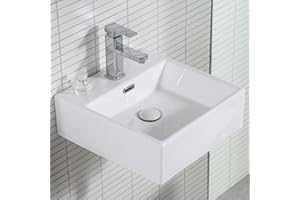 TEAL HOME Lavabo da Bagno in Ceramica - Lavandino 400×420×145mm - Lavabo Appoggio Rettangolare con Valvola di Scarico - Lavabo Sospeso con Troppopieno e Foro per la Rubinetteria - Piccolo Lavamano per WC Ospiti